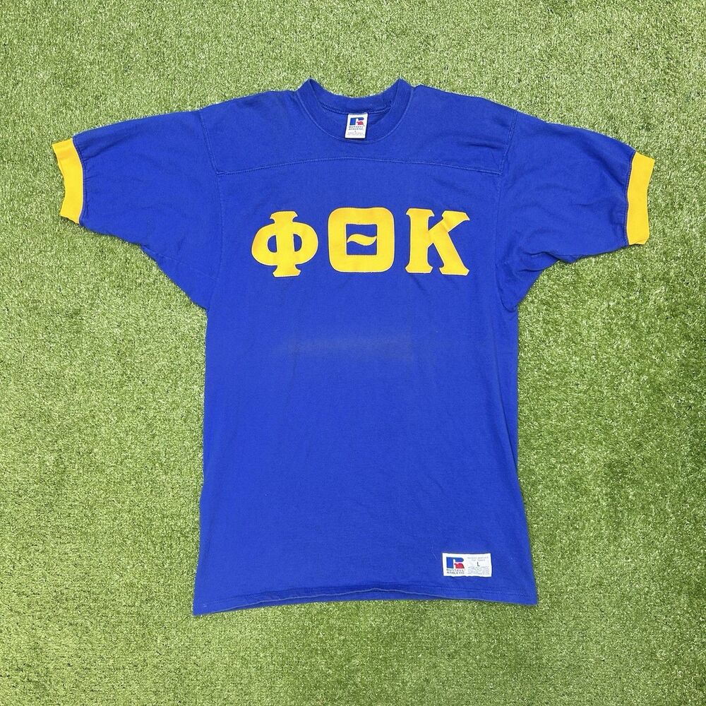 Vtg 80s Russell Athletic Mens L Alpha Phi Omega Fraternity Football T-Shirt USA